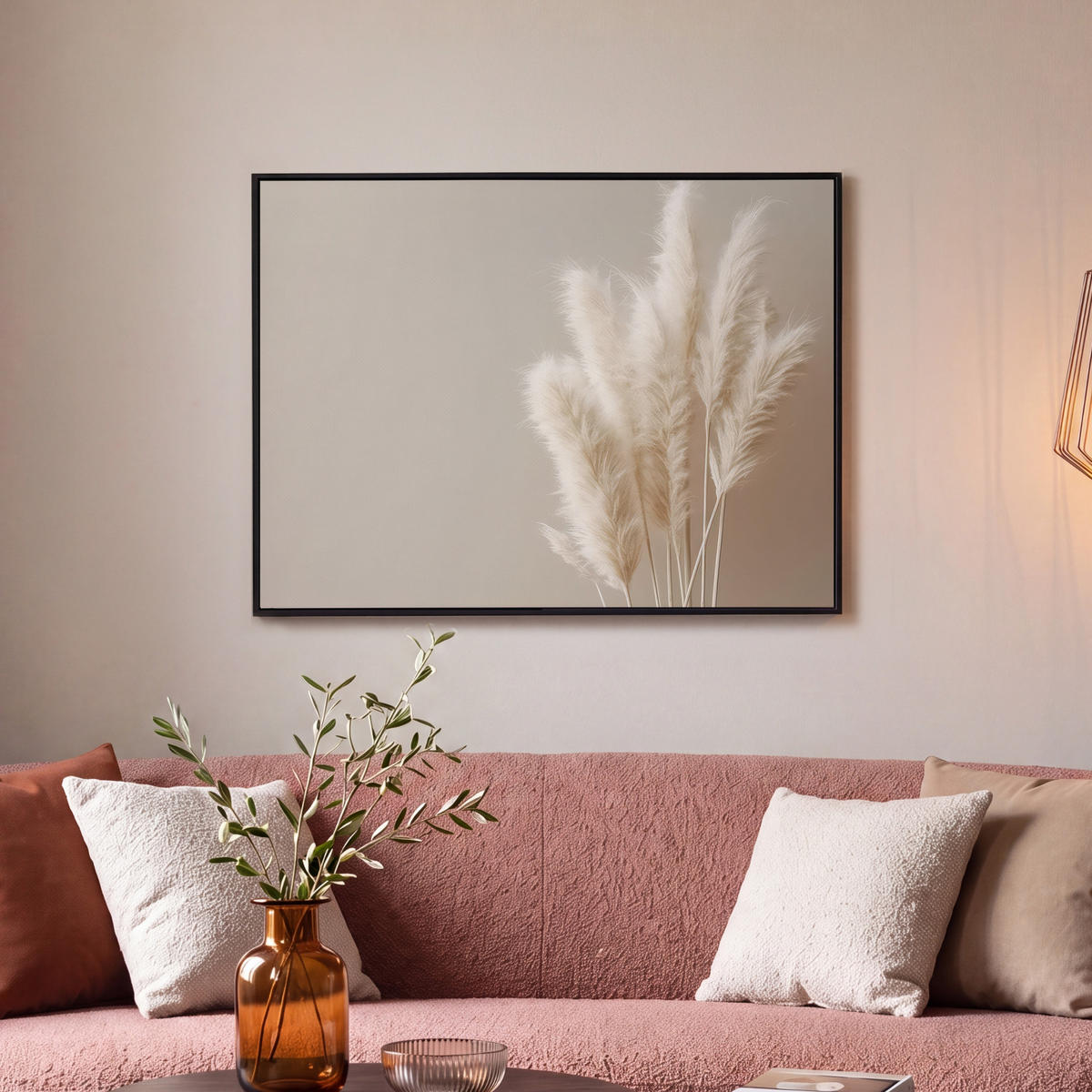 LEINWAND Bilder mit Rahmen - Pampasgras - Federn - Pastell - Weiß - 80x60 - Naturfarben, Textil (80/60cm) - MuchoWow