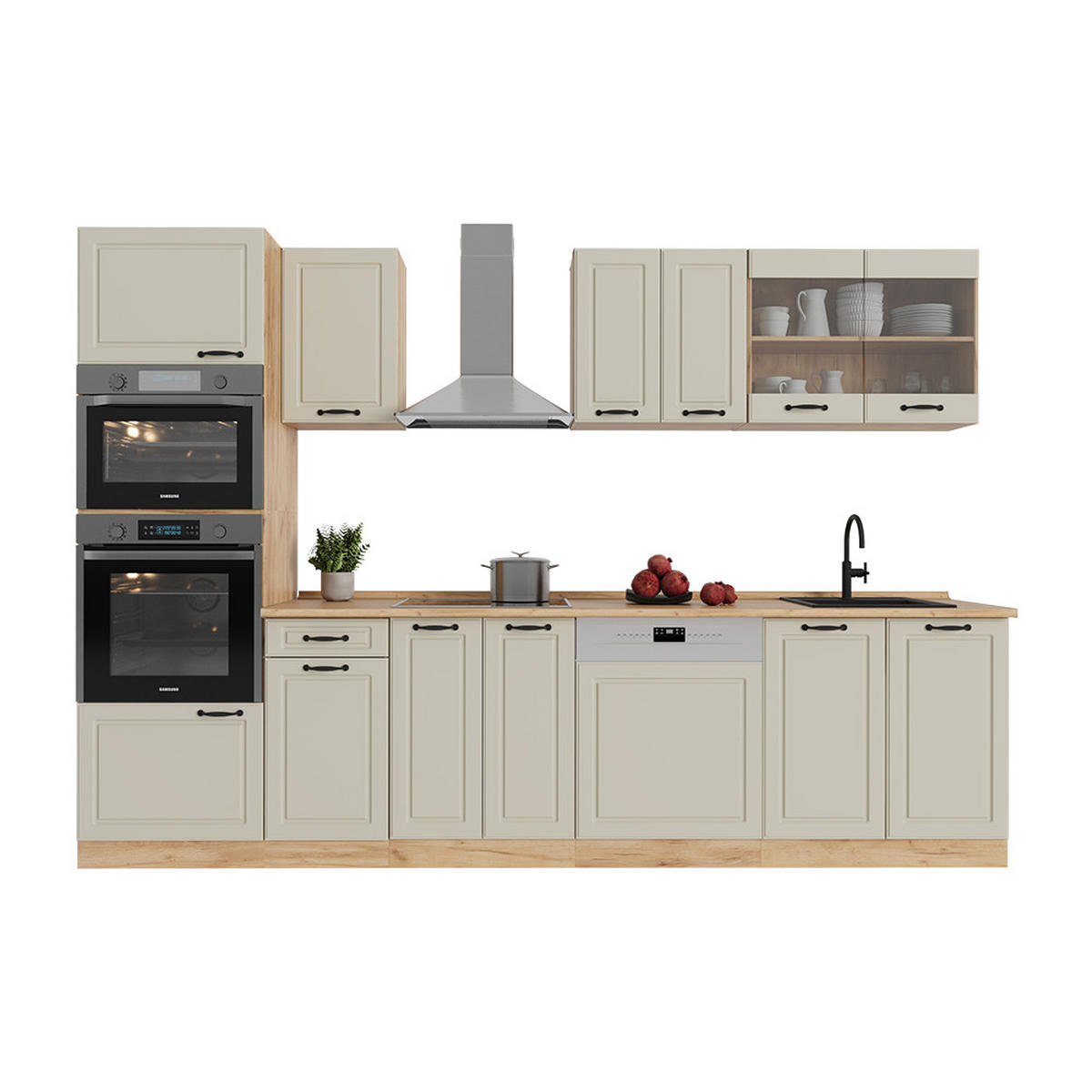 KÜCHENZEILE R-Line, Sand Landhaus/Goldkraft Eiche, 300 cm Arbeitsplatte Goldkraft Eiche - Honigeiche/Beige, Holzwerkstoff (300/206.8/60cm) - Vicco