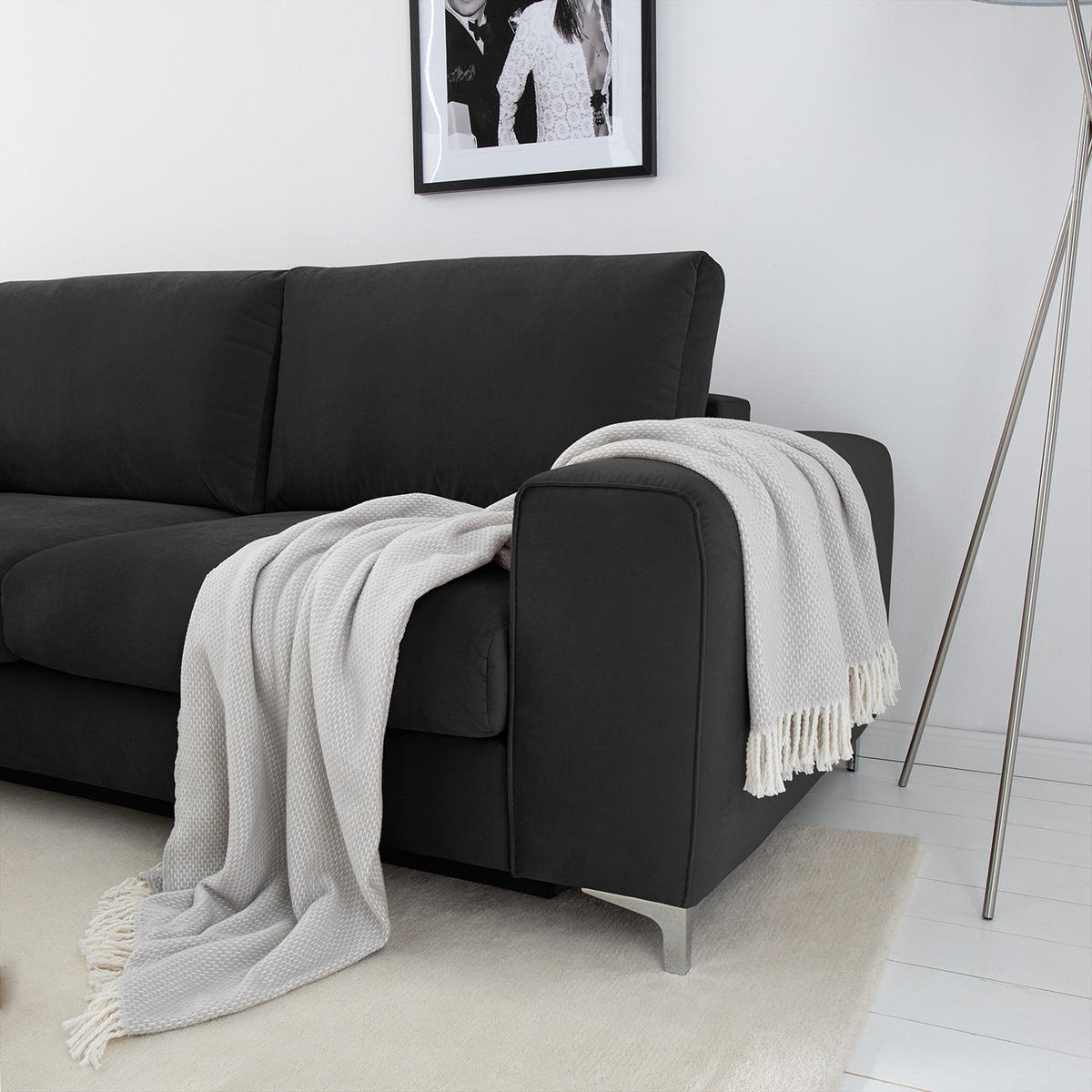ECKSOFA mit Ottomane - Chromfarben/Dunkelgrau, Textil/Metall (302/1cm) - home24