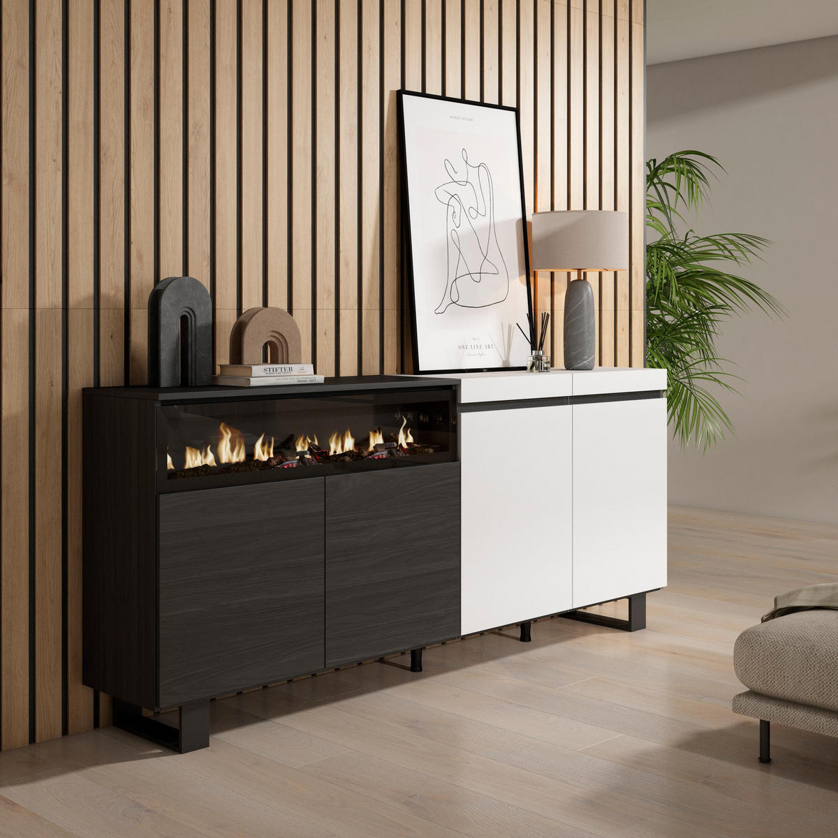 SIDEBOARD Elektrokamin, weiß und schwarz, 200/35/87cm - Multicolor, Holzwerkstoff (200/87/35cm) - Skraut Home