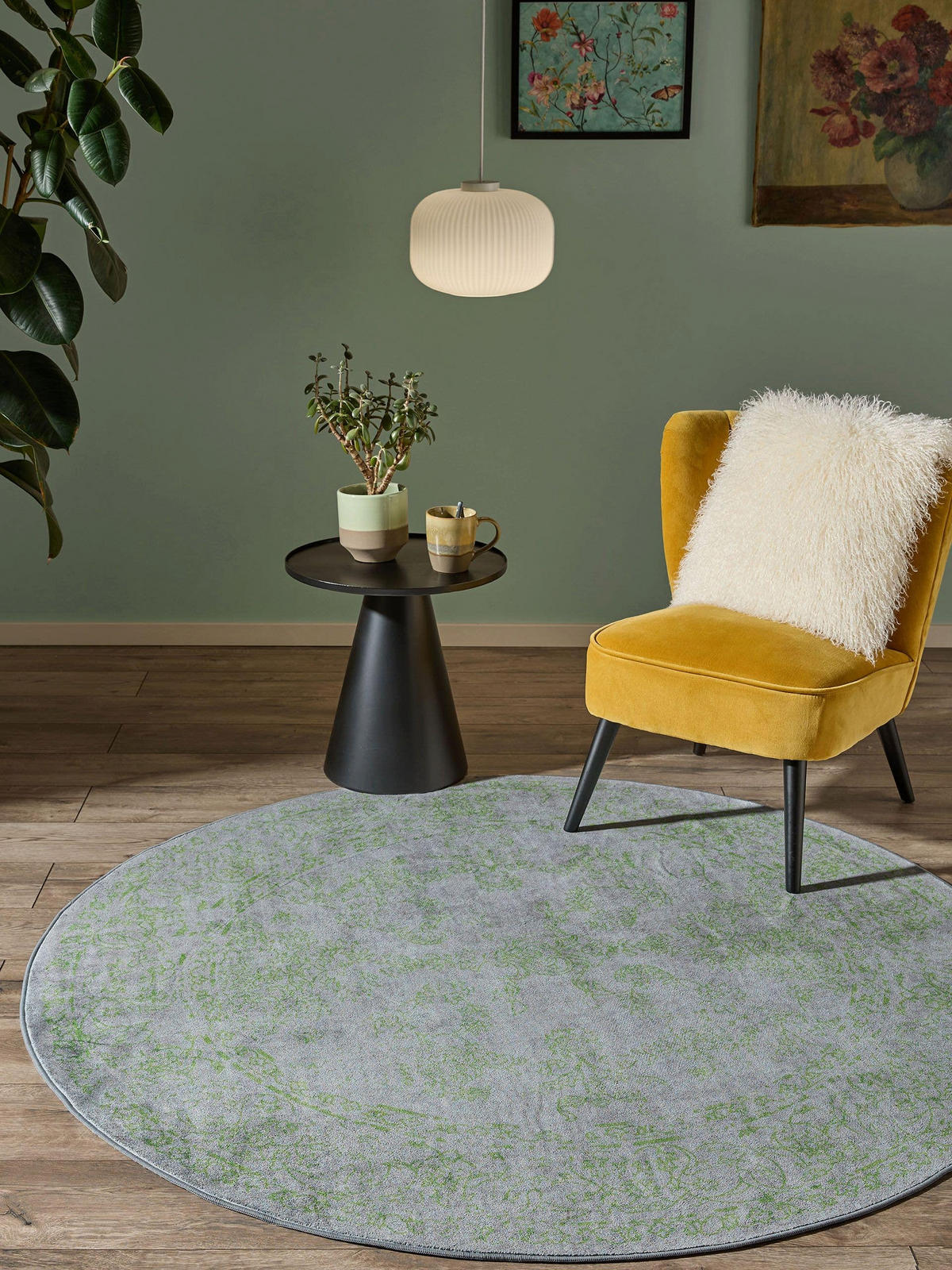 VINTAGE-TEPPICH Miray waschbar ø 160 cm rund - Grau/Grün, Kunststoff (160/160cm) - benuta Nest