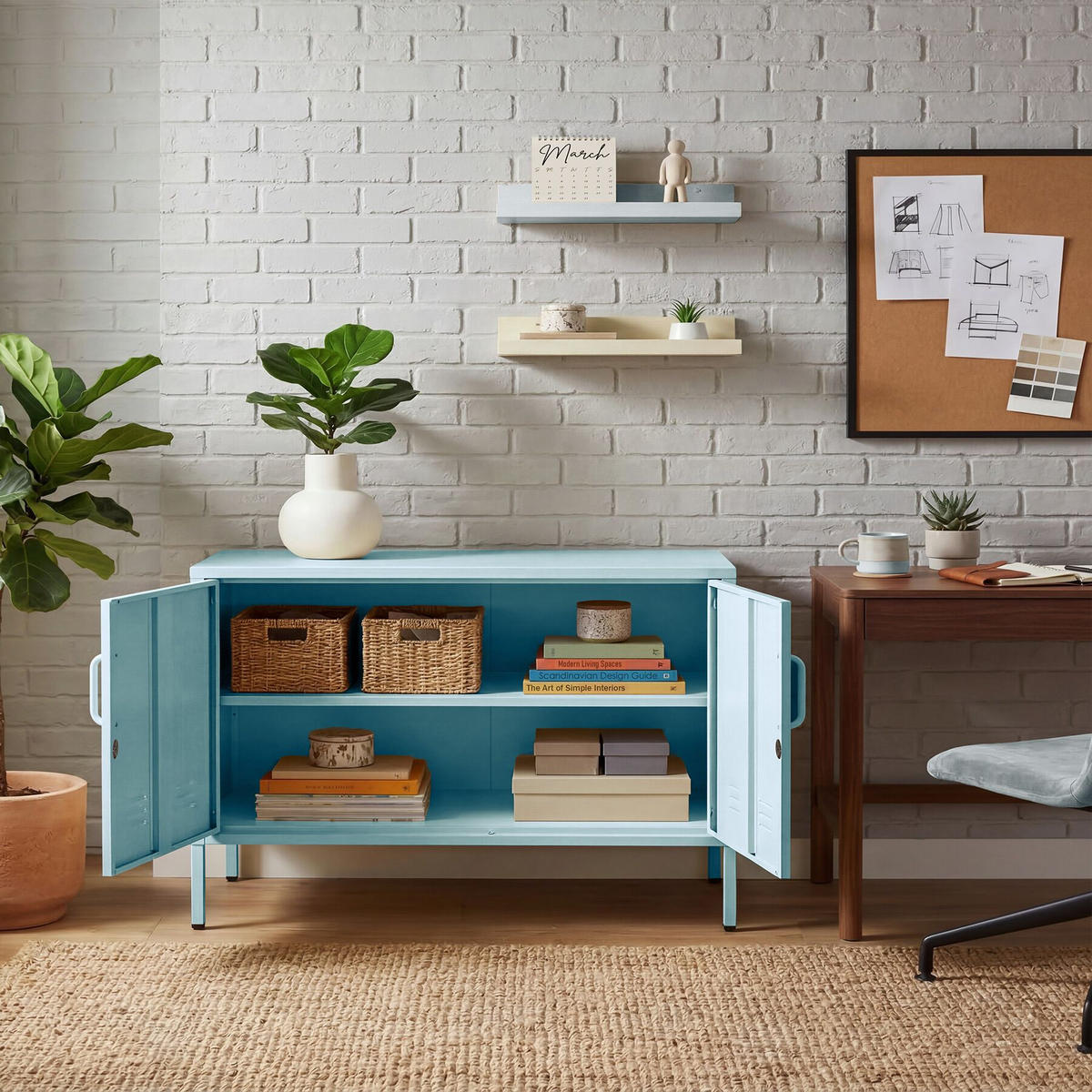 SIDEBOARD Baker, Kippschutz, höhenverstellbare Füße, grau/blau - Blau/Grau, Metall (100/65/42.5cm) - tectake