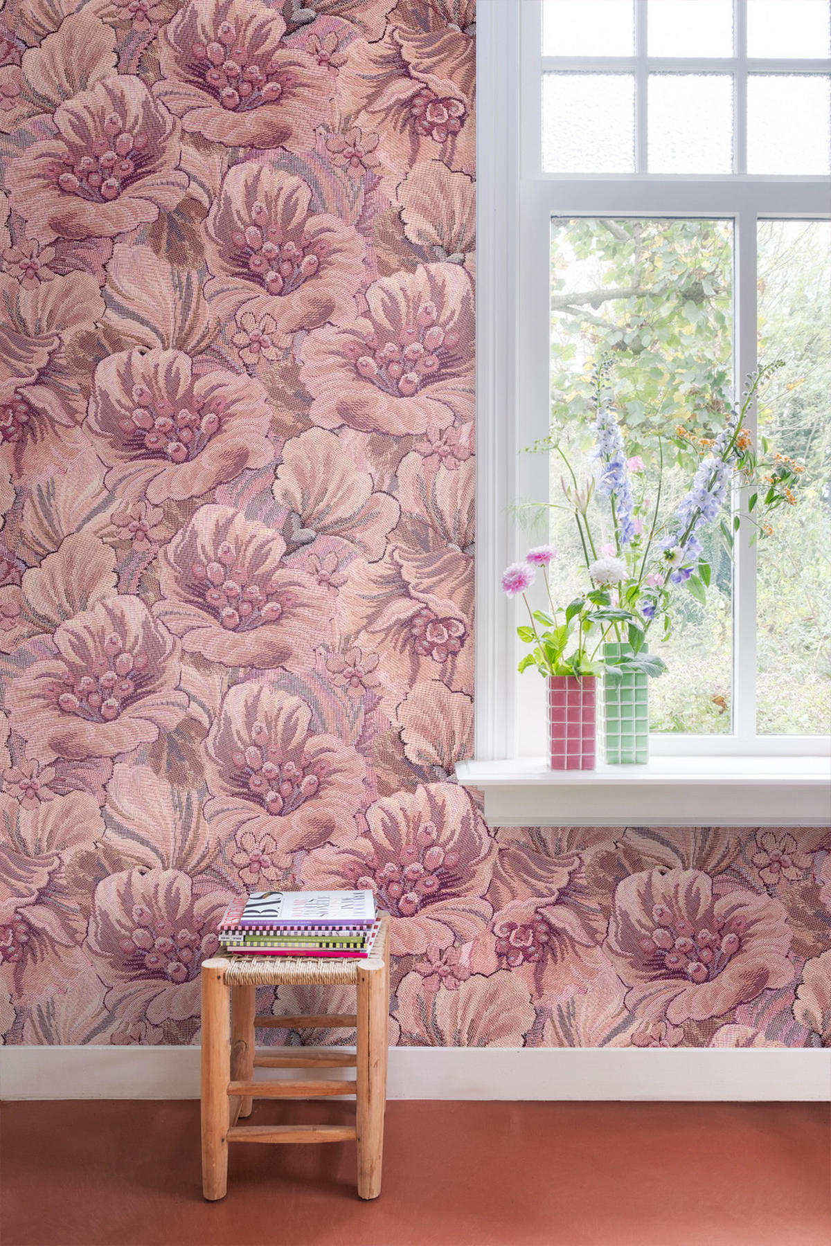 FOTOTAPETE gesticktes Blumenmuster 2.5 x 2.79 m - Pink, Papier (250/279cm) - ESTAhome