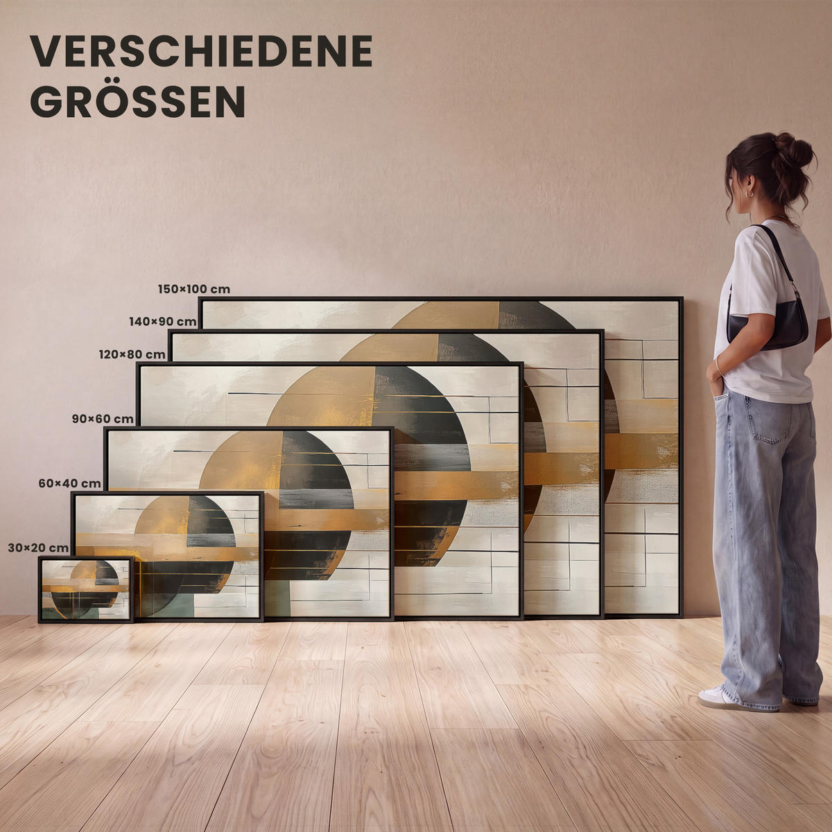 LEINWAND Bilder mit Rahmen - Abstrakt - Gold - Bronze - Grün - Formen - Modern - 150x100 - Multicolor, Textil (150/100cm) - MuchoWow