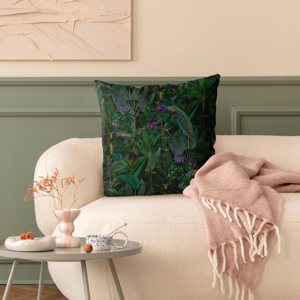 DEKOKISSEN Dschungelblätter mit Pfauen 50/50 cm - Grün, Textil (50/50/10cm) - Bilderwelten