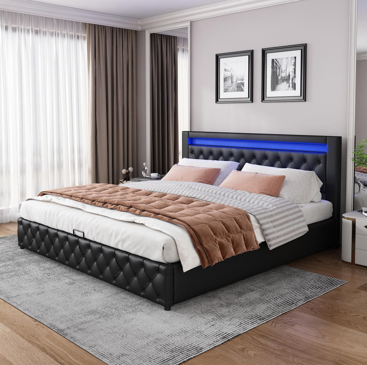 BETT mit Stauraum und LED 140x190 cm PU Black - Schwarz, Metall (140/190cm) - Meubliv