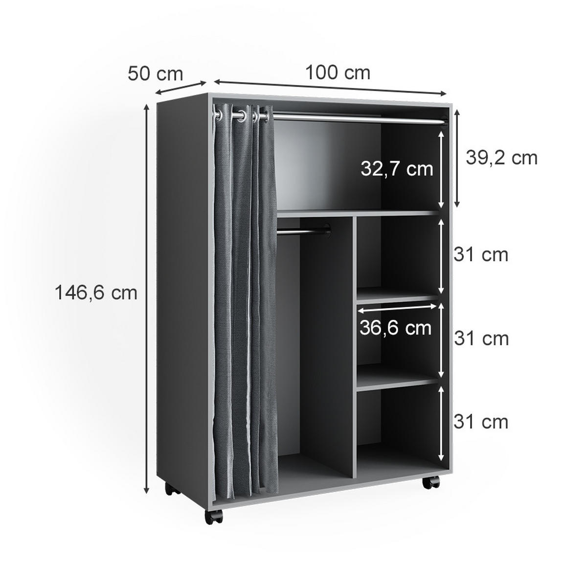 KLEIDERSCHRANK Doros Grau 100 x 146.6 cm mit Rollen - Grau, Holzwerkstoff (100/146.6/50cm) - Vicco