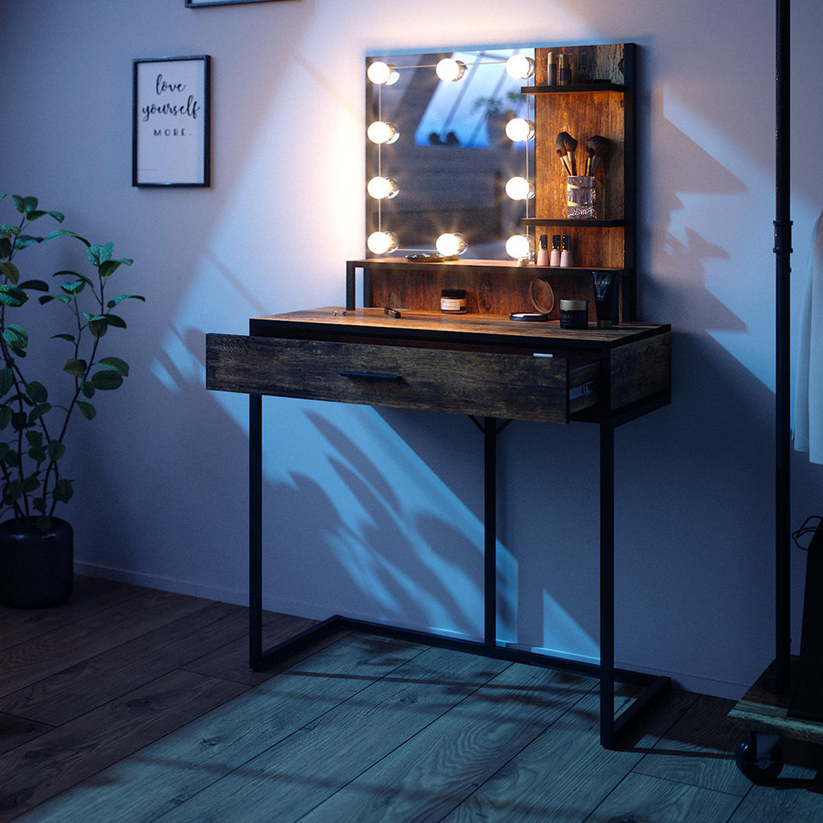 SCHMINKTISCH Fyrk Antikholz 80 cm mit LED-Lampen - Alteiche/Schwarz, Holzwerkstoff (80/135.5/40cm) - Vicco