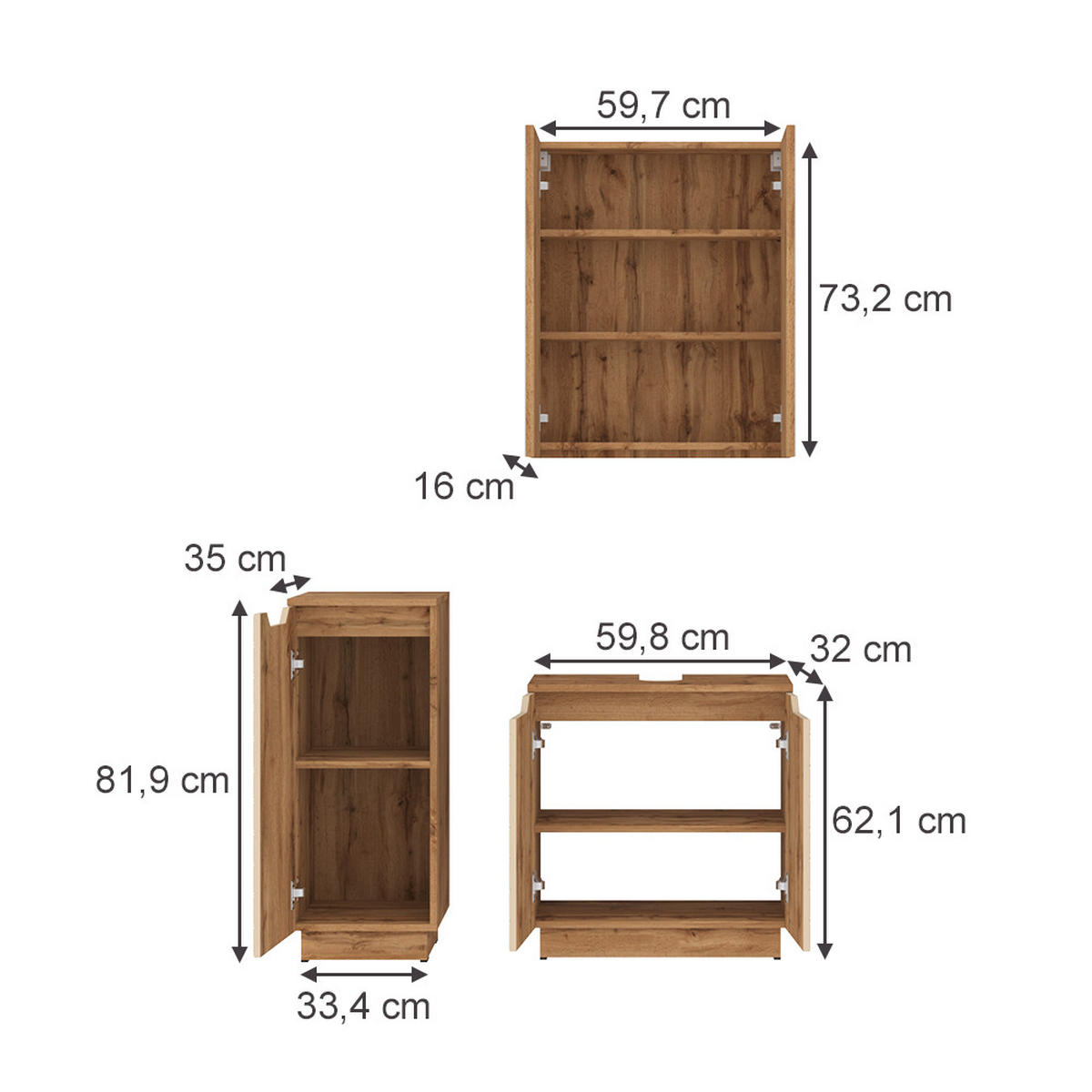 BADMÖBEL-SET Lotta Eiche/Kaschmir mit Kachelstruktur 3 Teile - Kaschmir, Holzwerkstoff (59.8/62.1/32cm) - Vicco