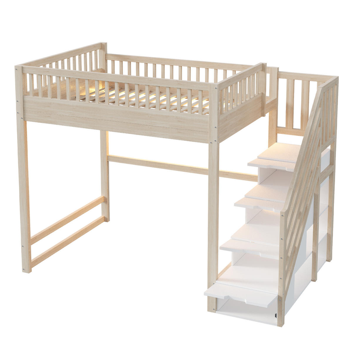 HOCHBETT 140/200 cm in Natur mit Stauraumtreppe und LED - Naturfarben, Holz/Holzwerkstoff (140/200cm) - STILVORA