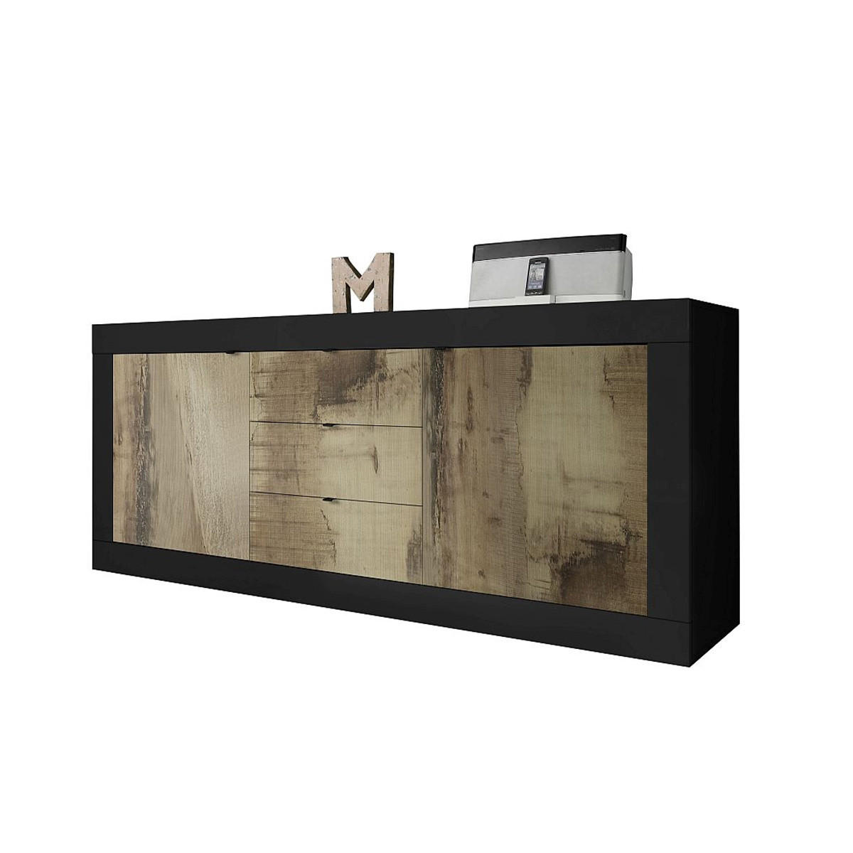 SIDEBOARD 2 Türen 3 Schubladen L210 cm - Initial - Schwarz, Holzwerkstoff (42/85.8/210cm) - Calicosy