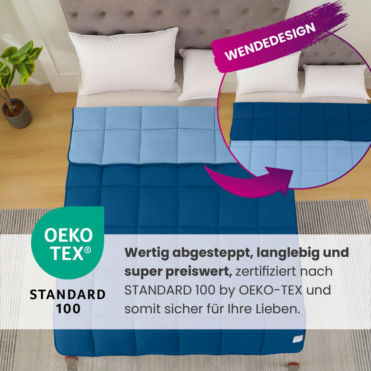 PLÜSCH Steppbett Bi-Color im Wende-Design blau 155x220 - Blau, Textil (155/220cm) - wometo