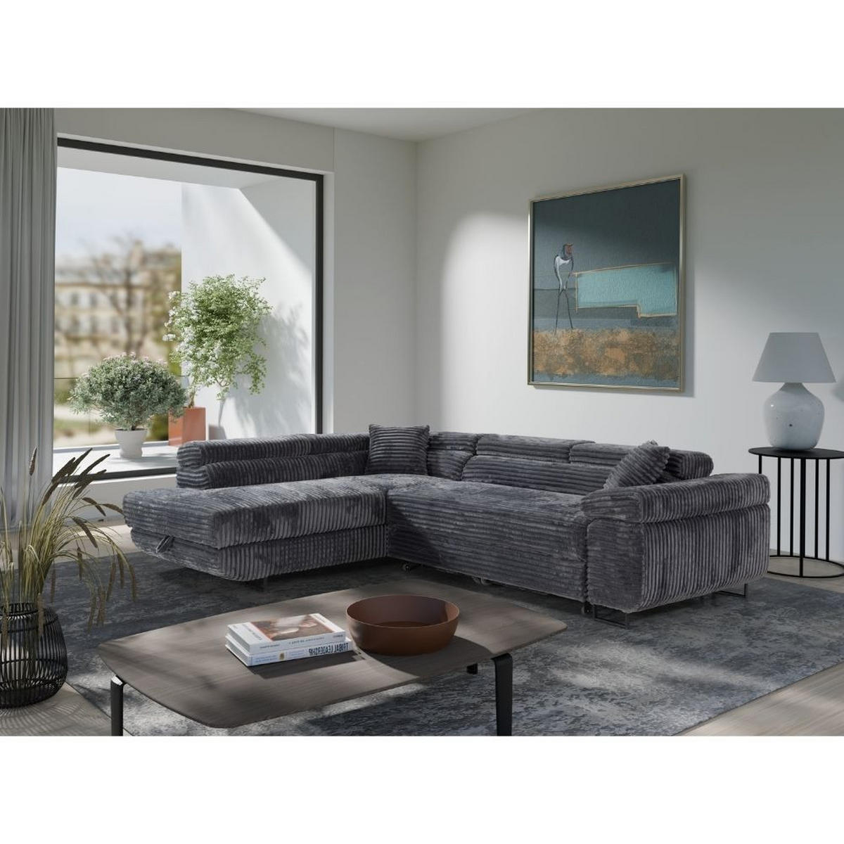 ECKSCHLAFSOFA Luis L, mit Schlaffunktion und Bettkasten – praktisch und bequem, Links, Dunkelgrau - Dunkelgrau/Schwarz, Textil (275/205cm) - AN-Moebel 4u