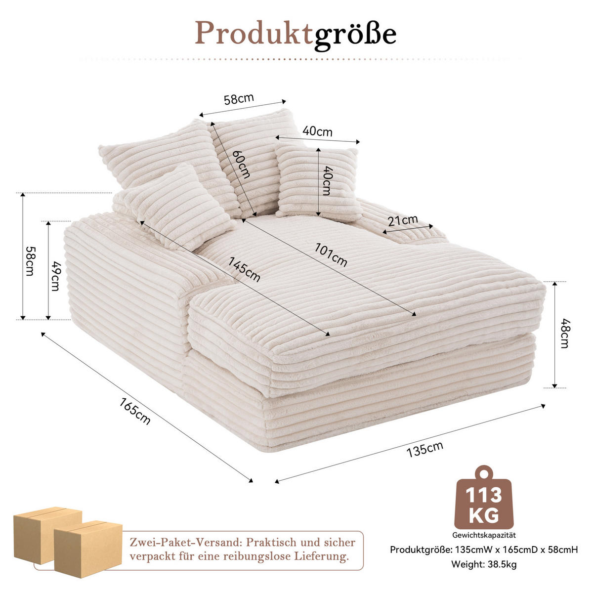 RELAXLIEGE Cord 135x165 cm Beige mit 4 Kissen - Beige, Kunststoff (135/58/165cm) - Beauniv