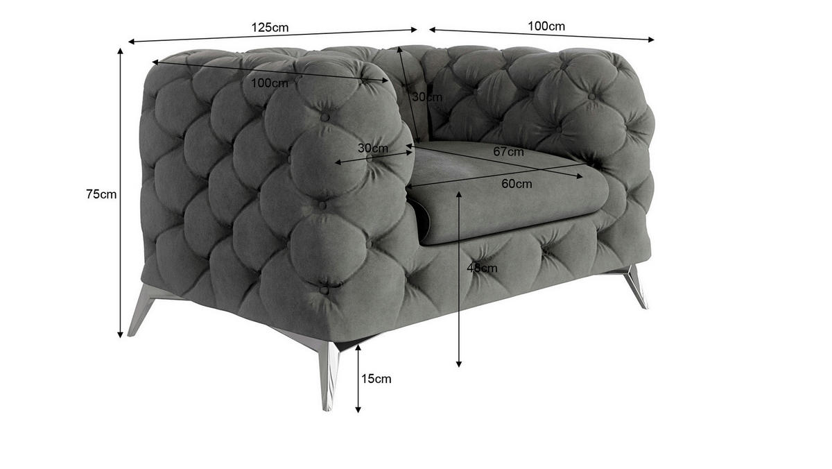 CHESTERFIELD-SESSEL Laura Grau Samt - Silberfarben/Grau, Holz/Textil (125/75/100cm) - S-Style Möbel