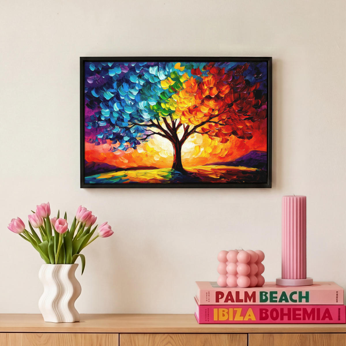 LEINWAND Bilder mit Rahmen - Baum - Kunst - Natur - Sonnenuntergang - 30x20 - Multicolor, Textil (30/20cm) - MuchoWow
