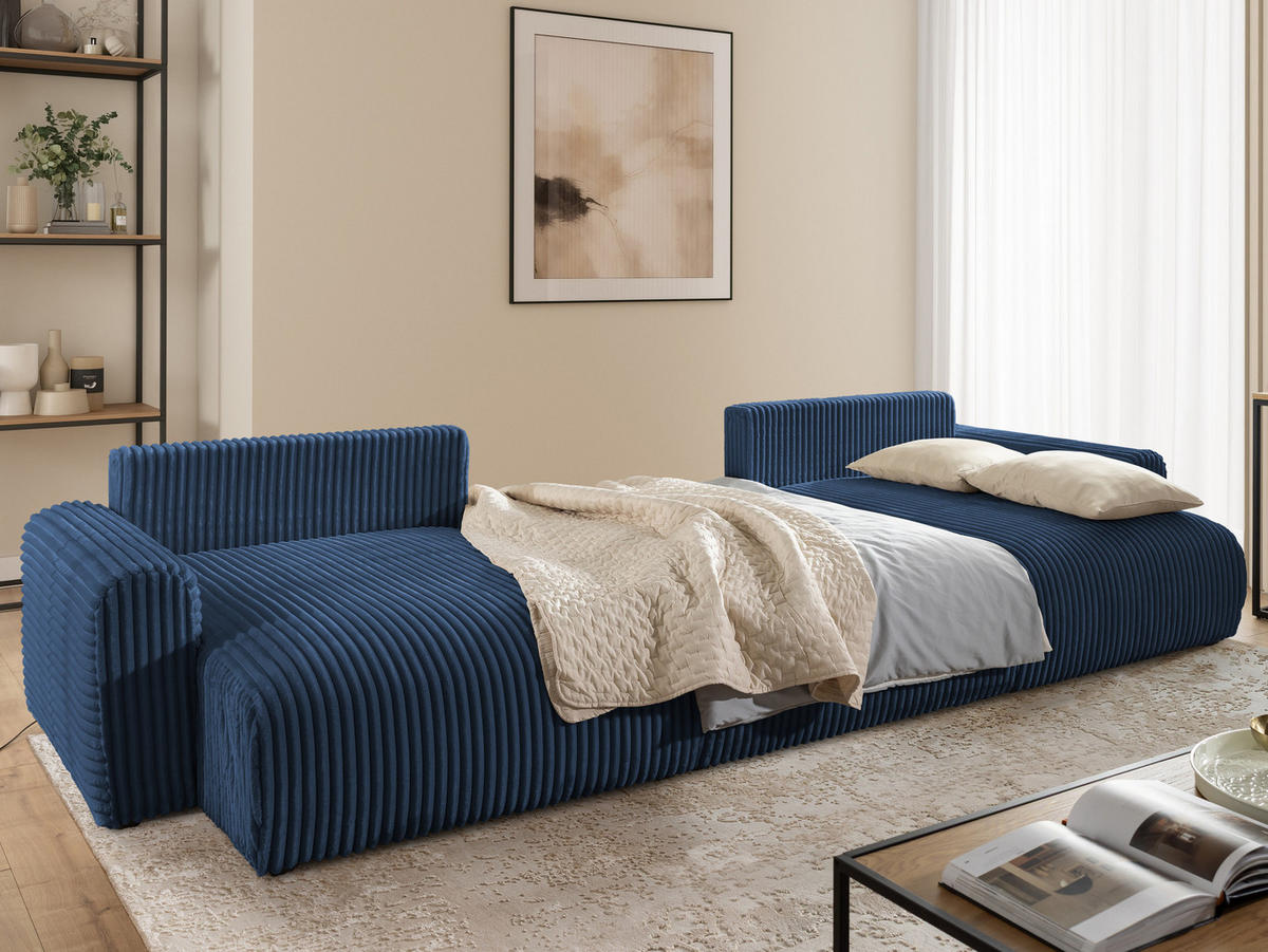 WOHNLANDSCHAFT Calma mit Schlaffunktion und Bettkasten im Bumpy-Design aus weichem Marineblau Plüschcord - Blau/Beige, Holz/Textil (336/88/140cm) - S-Style