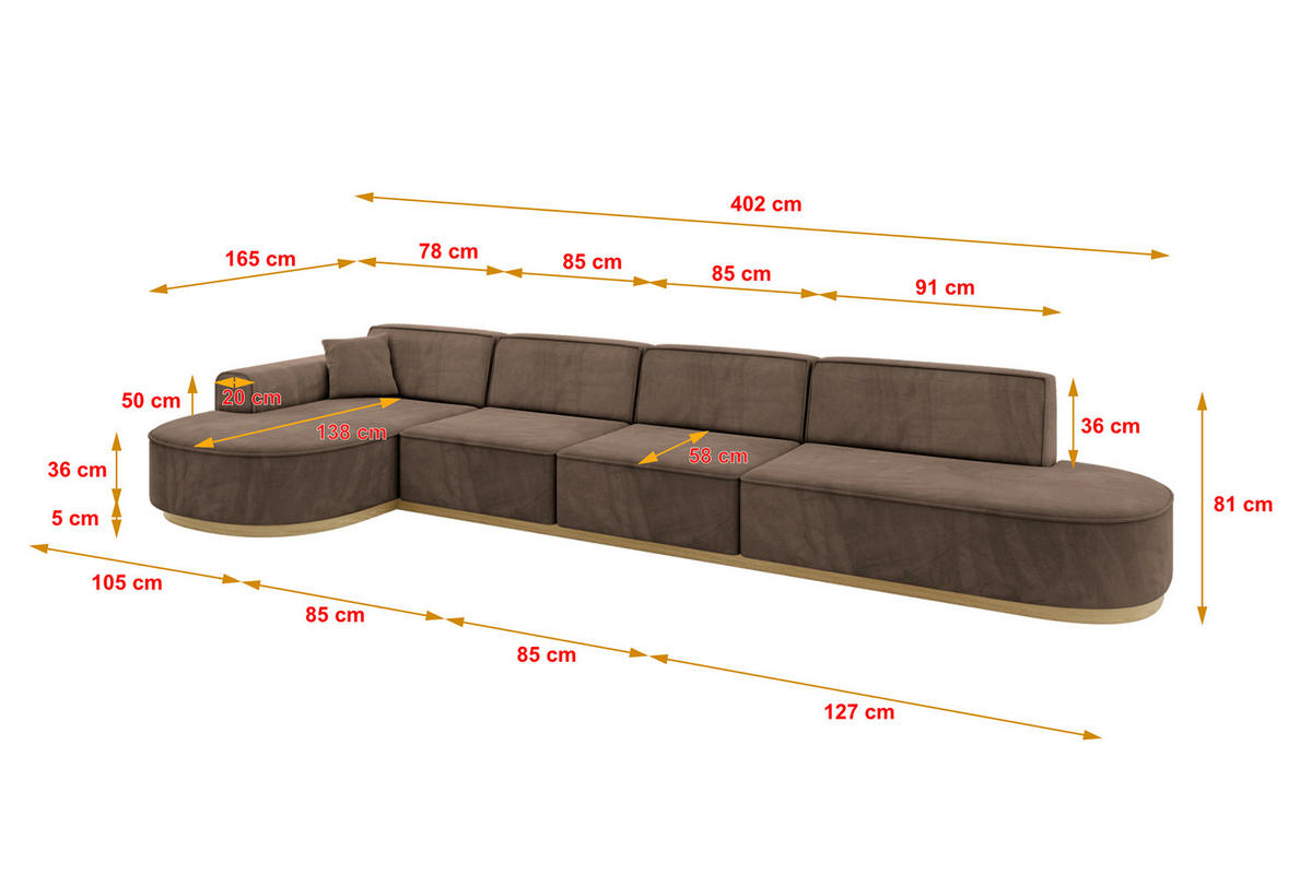 ECKSOFA Ottomane Links MARI-L3-v2 - 413x171x83 cm Braun Velours - Braun, Holzwerkstoff/Textil (413/171cm) - ALTDECOR