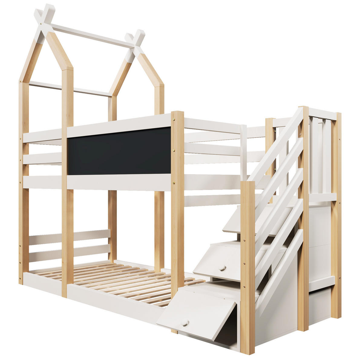 HOCHBETT 90/200 cm in Weiß mit Treppenschrank und Tafel im Baumhaus-Design - Weiß, Holzwerkstoff (90/200cm) - BEAOK