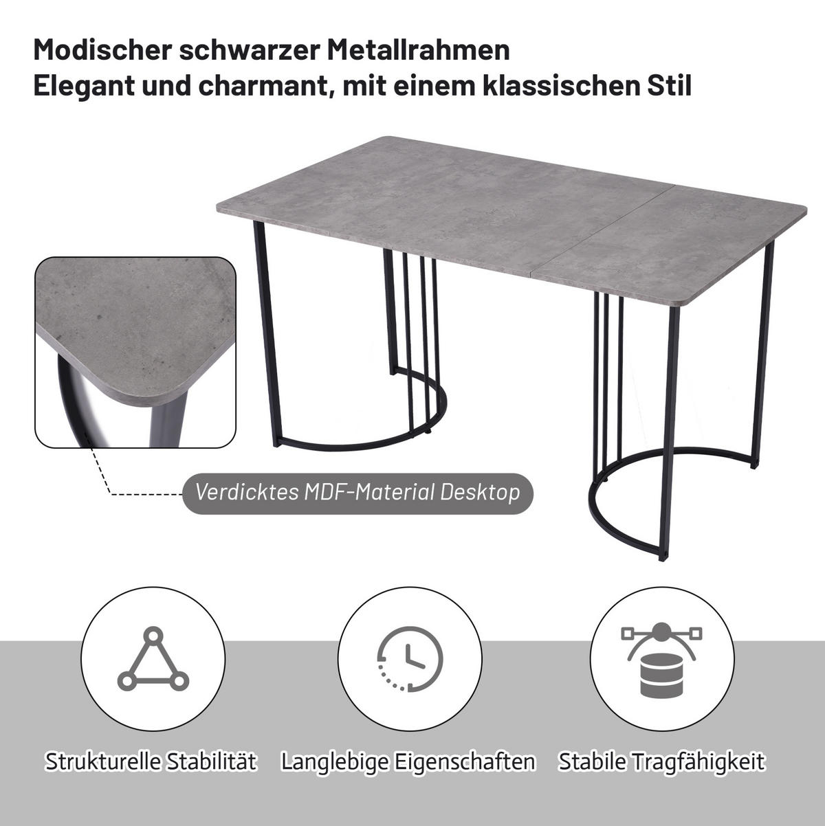 ESSTISCH, MDF mit Marmor-Muster & Metallgestell, 140/80/75 cm, Grau - Grau, Holzwerkstoff (140/80/75cm) - Redom