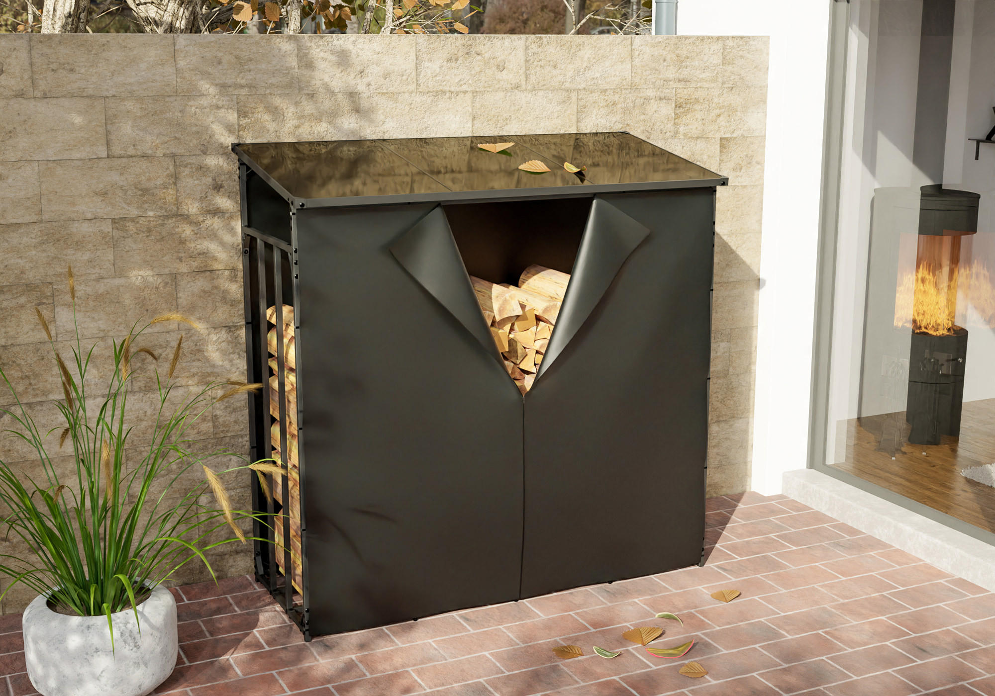 KAMINHOLZREGAL 165/70/165 cm Metall anthrazit - Anthrazit/Schwarz, Metall (165/165/70cm) - CLP