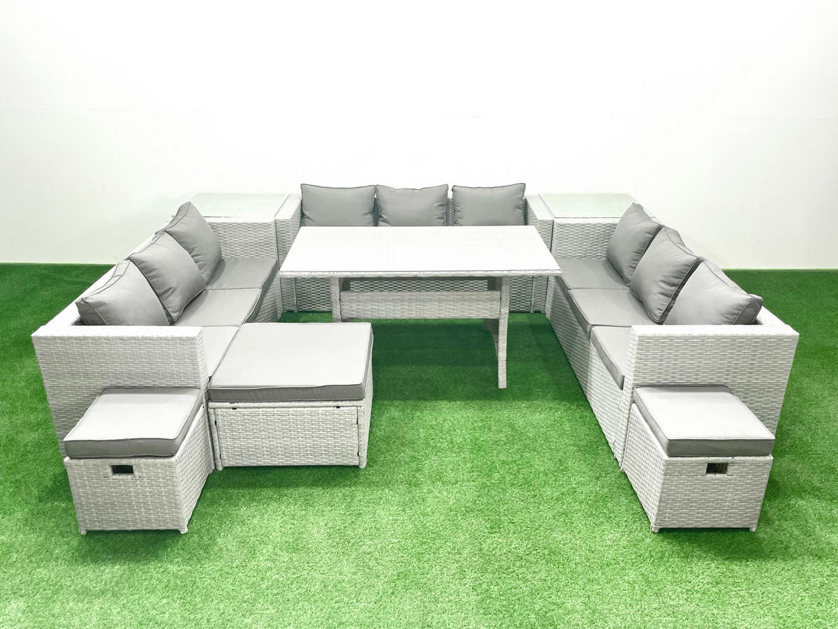 GARTENSET mit Esstisch,Sofa,2 Beistelltischen,3 Fußhocker Polyrattan Hellgrau 12-Sitzer - Hellgrau/Grau, Glas/Kunststoff - Fimous