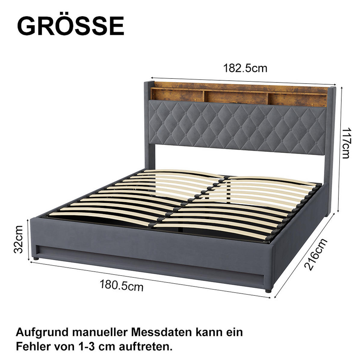 ČALOUNĚNÁ POSTEL 180/200 cm s úložným prostorem a zásuvkou, boxspringová postel s USB a LED osvětlením - šedá, kov/kompozitní dřevo (180/200cm) - STILVORA