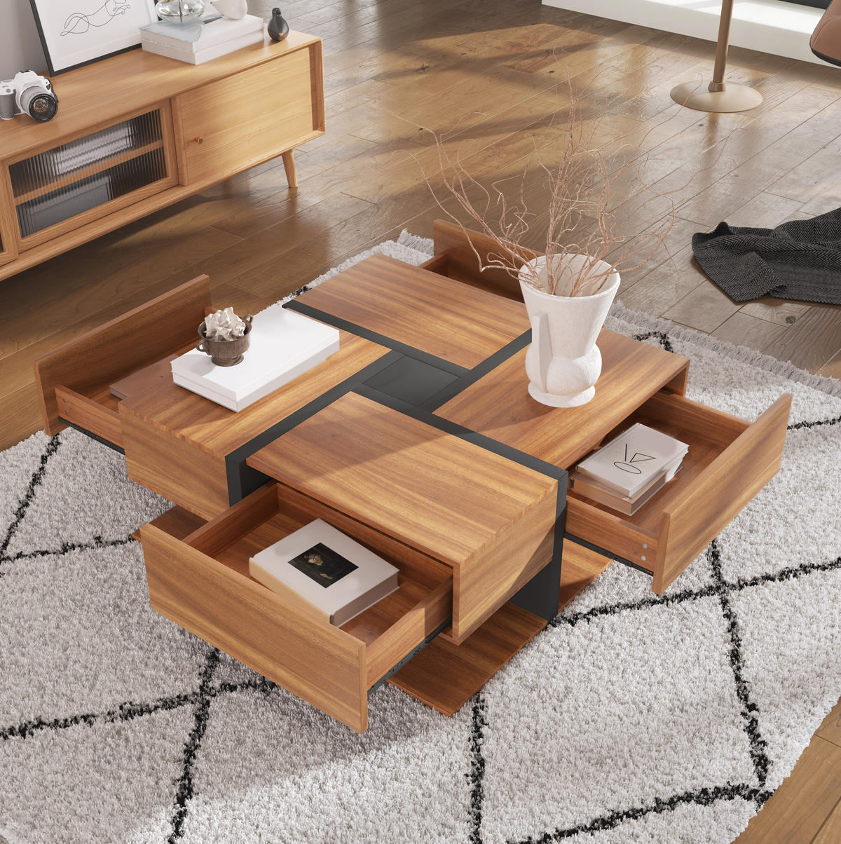 COUCHTISCH mit 4 Schubladen 78x78 cm Schwarz und Holzoptik - Braun, Holzwerkstoff (78/78/36cm) - Meubliv