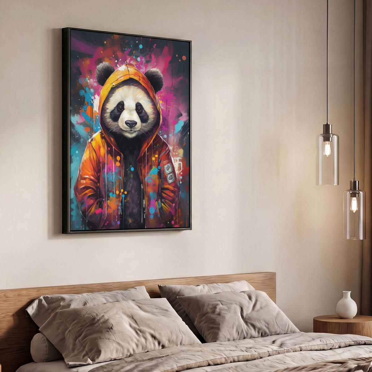 LEINWAND Bilder mit Rahmen - Panda - Jacke - Graffiti - Orange - 70x100 - Orange, Textil (70/100cm) - MuchoWow