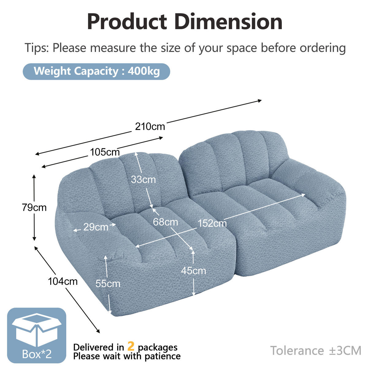 2-SITZER Sofa aus granuliertem Fleece mit modularem, montagefreiem Design Blau - Blau, Textil (104/79/210cm) - Modenvie