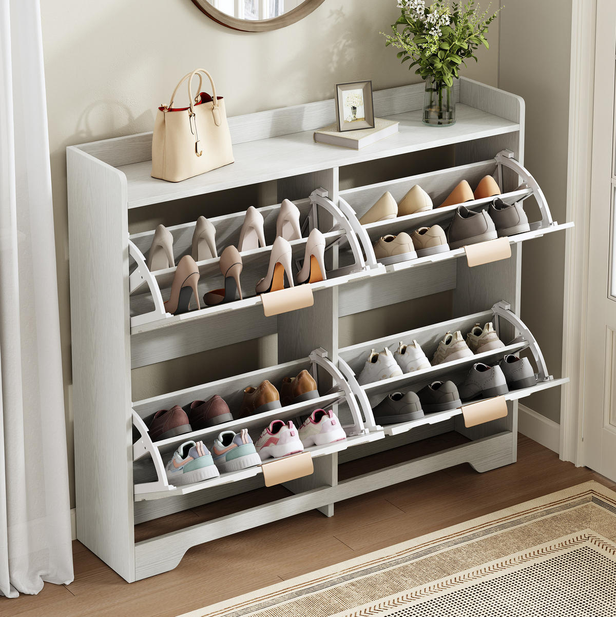 SCHUHSCHRANK mit 4 Klappfächern 105 x 24 x 90 cm Weiß - Weiß, Holz (24/90/105cm) - Beauniv