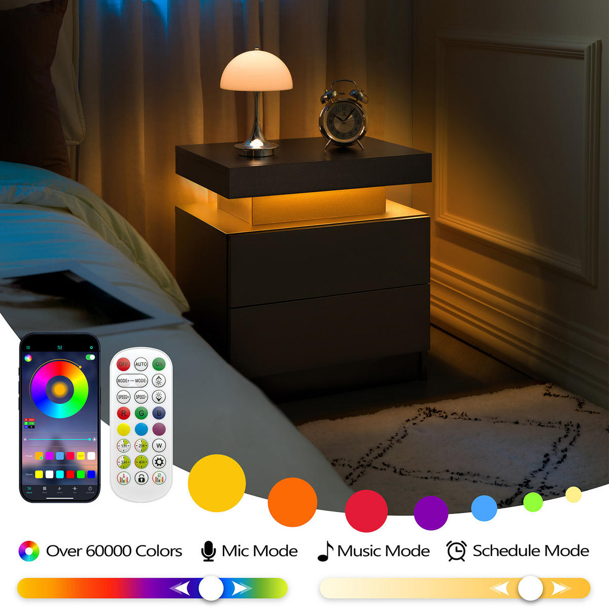 NACHTTISCH 50/53/36 cm Schwarz aus Holzwerkstoff mit LED-Beleuchtung - Schwarz, Holzwerkstoff (50/36/53cm) - OKMYHOME