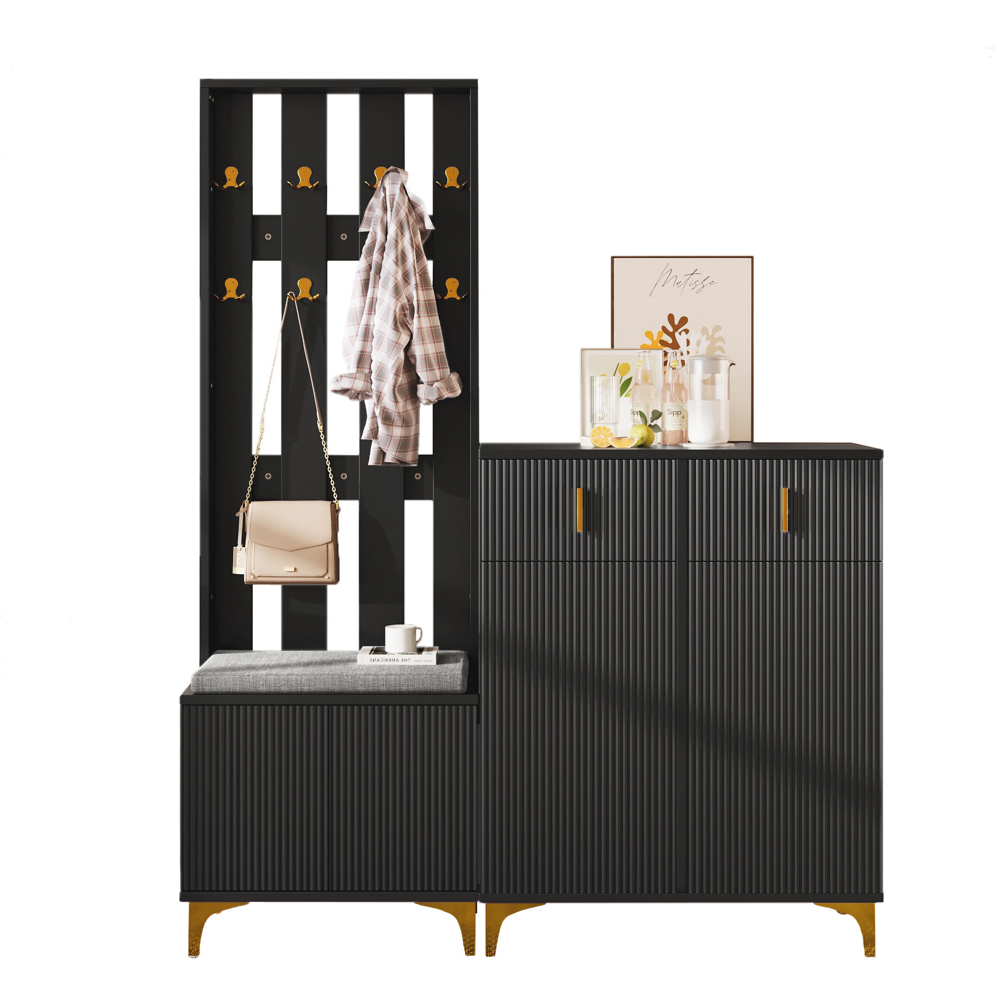 IN Schwarz Kleiderschrank-Set mit Schuhbank und Kissen, Schubladen und Türen, B60.5/T35.2/H180.5cm und B83/T35/H101cm - Goldfarben/Schwarz, Holzwerkstoff/Metall (60.5/180.5/35.2cm) - STILVORA