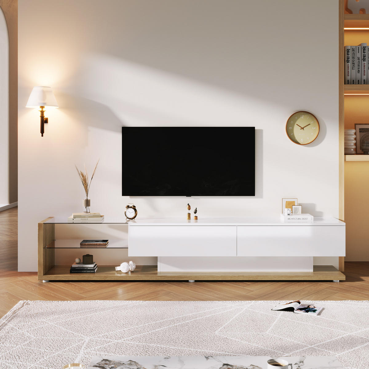 TV-SCHRANK in Weiß Hochglanz mit LED, Schubladen und Glasböden 170/38/36 cm - Weiß, Holzwerkstoff (170/38/36cm) - Redom