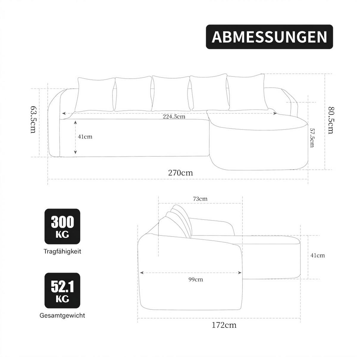 ECKSOFA 270/172/80.5 cm Hellkhaki Chenille, Linke Seite - Kaschmir/Graubraun, Textil (270/172cm) - Oxeza