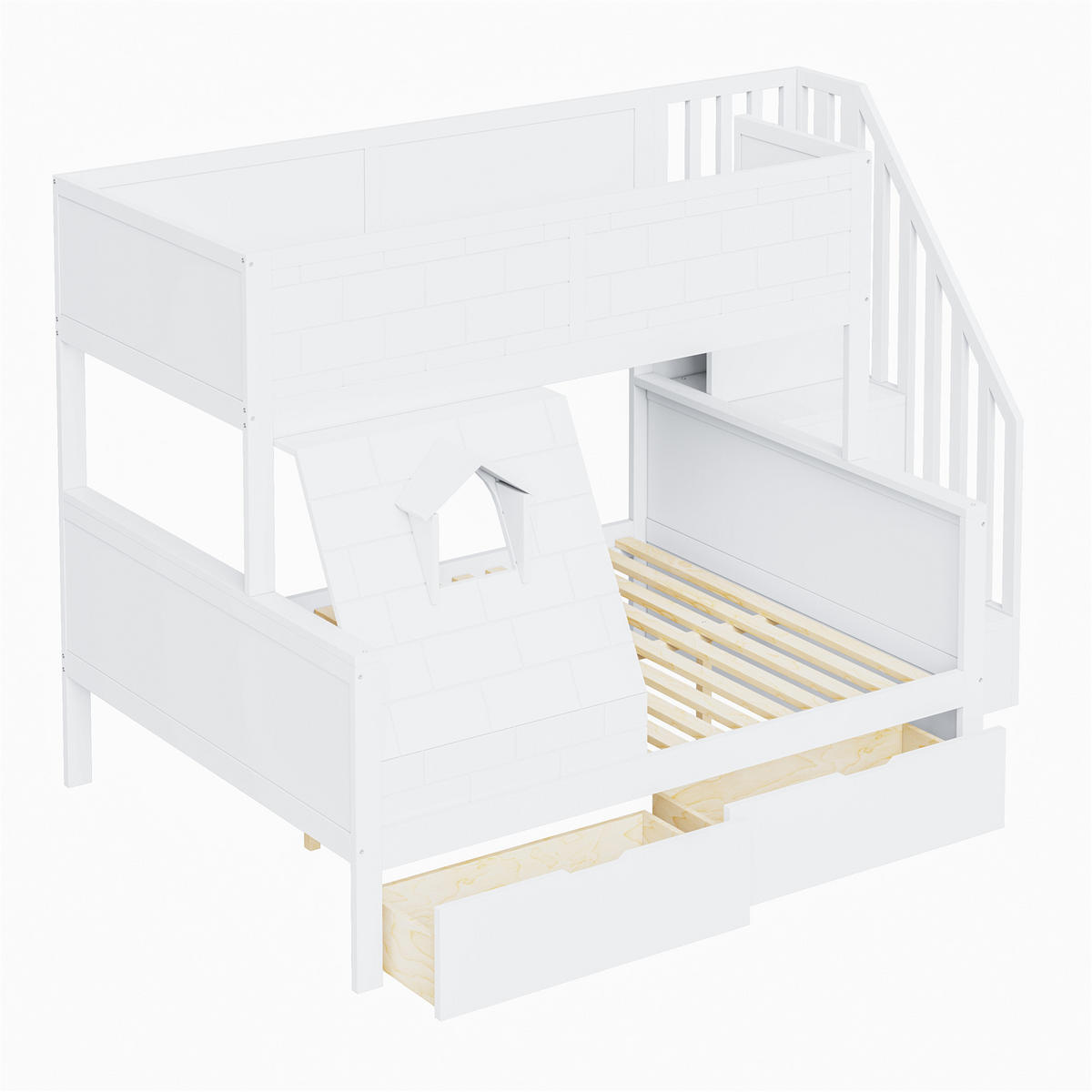 ETAGENBETT aus Kiefernholz 90x200/140x200 cm in Weiß mit Treppe & 2 Schubladen - Weiß, Holz (90/200cm) - Modfu