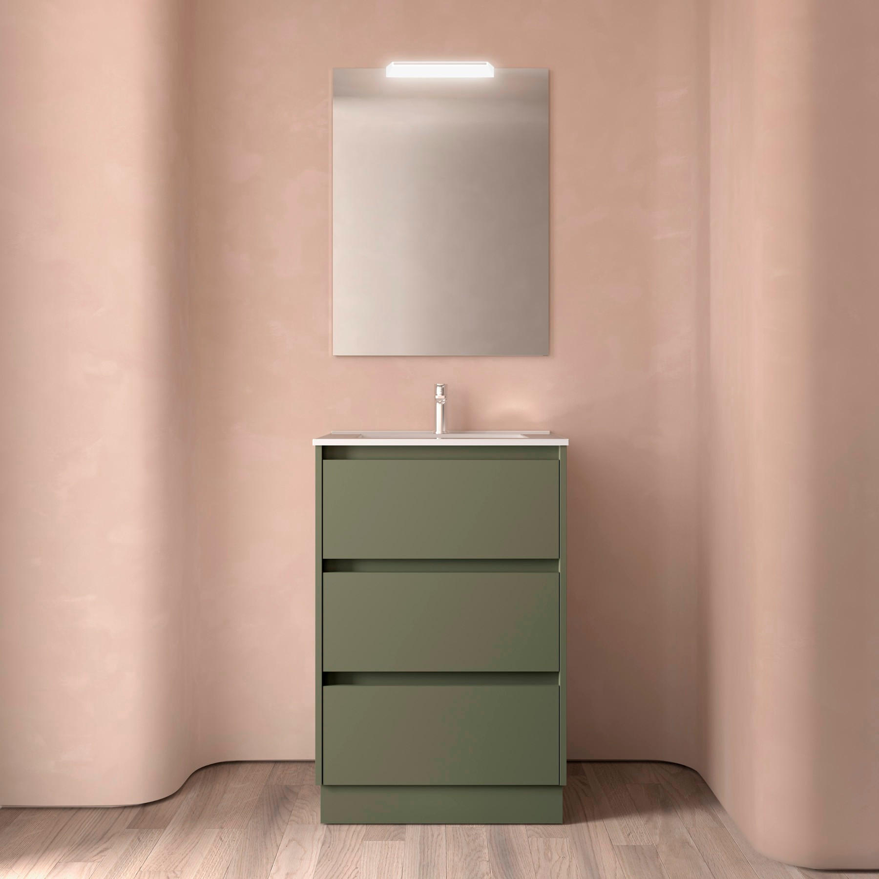 NOJA Komplett-Set 600 3 Schubladen GREEN SATIN + Waschtisch + Spiegel + Leuchte - Schwarz, Metall (45/8.1/59.8cm) - Salgar
