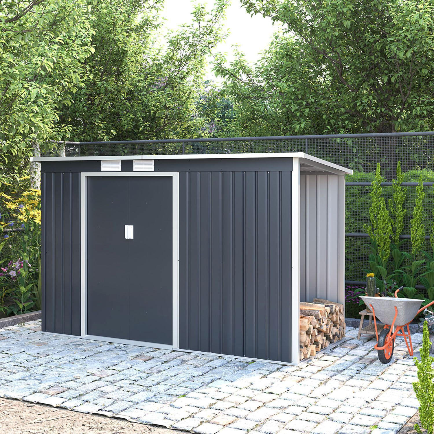 HOLZUNTERSTAND für Metall Geräteschuppen M rechts - Dunkelgrau, Metall (65/171/130cm) - Juskys