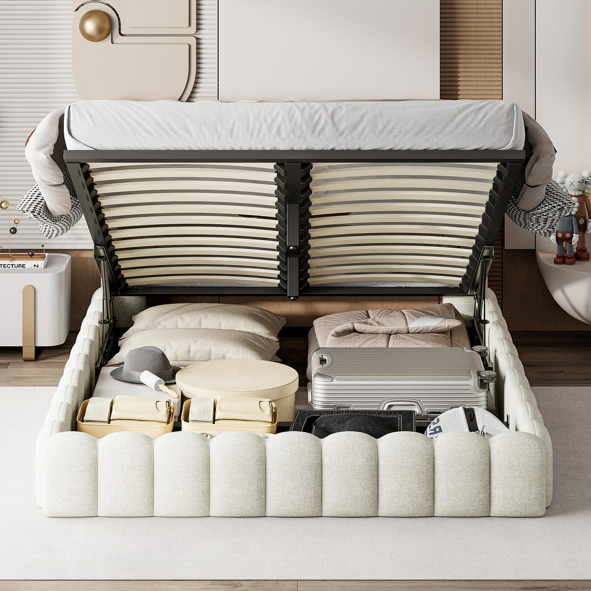 POLSTERBETT 180x200 cm, Beige, mit USB & LED - Beige, Textil/Metall (180/200cm)