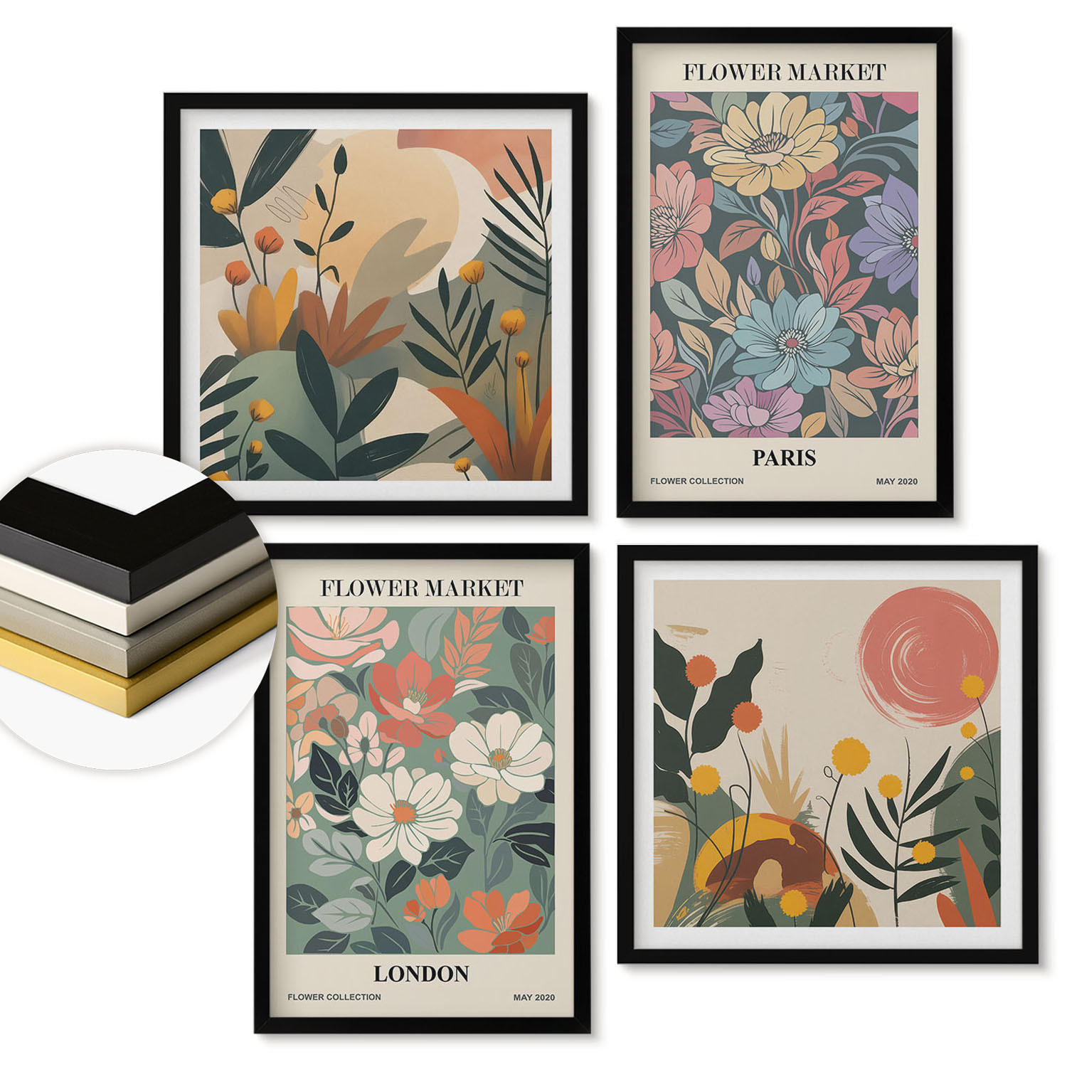 WANDBILDER 4er-Set - 50x50 cm & 40x60 cm Schwarzer Rahmen - Blumenposter Paris London - Schwarz, Kunststoff (50/50cm) - ArtPrintCave
