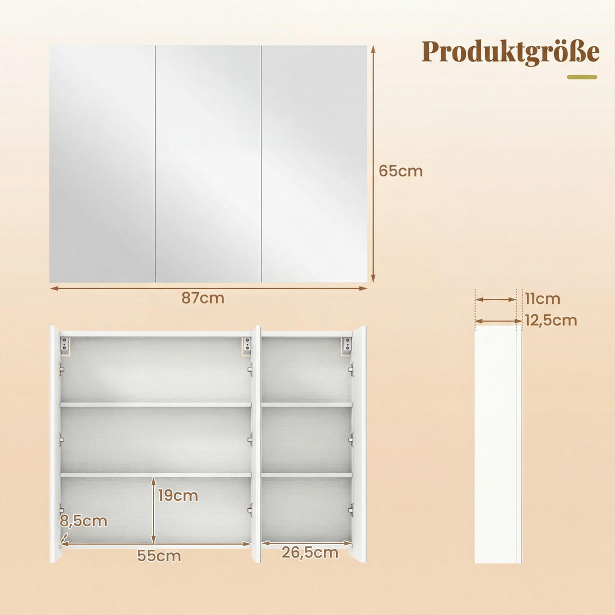 BAD-SPIEGELSCHRANK mit 3 Türen weiß - Weiß, Holzwerkstoff (87/12.5/65cm) - COSTWAY