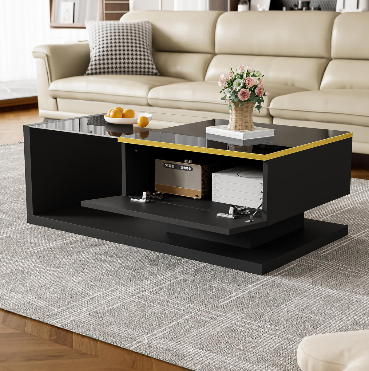 COUCHTISCH 90/50/32,5 cm aus Holzwerkstoff mit Stauraum, Glasplatte und LED-Beleuchtung, Schwarz - Schwarz, Holzwerkstoff (90/50/32.5cm) - Redom