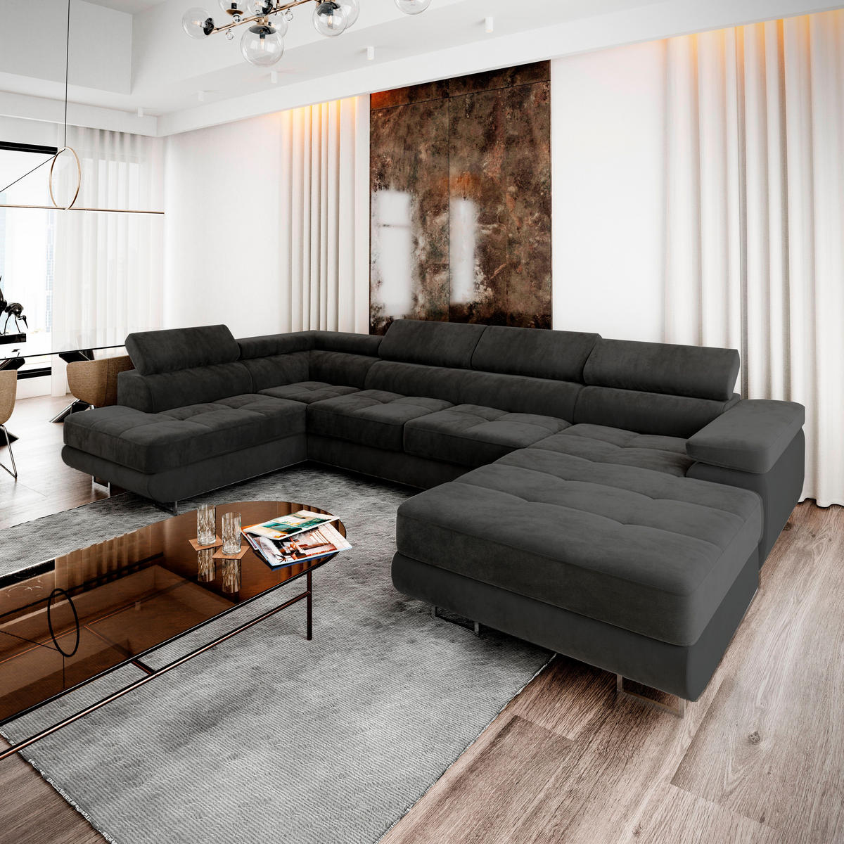 WOHNLANDSCHAFT CASONE L-S Schwarz Velours-Stoff mit Schlaffunktion - Schwarz, Holz (345/90/202cm) - MASSENO