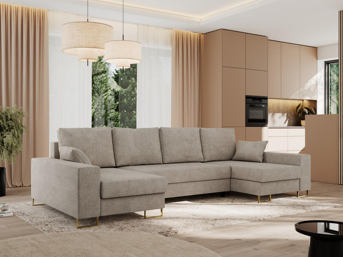 WOHNLANDSCHAFT DORIAN U Struktur Beige - Beige/Goldfarben, Textil/Metall (312/95/138cm) - MKS