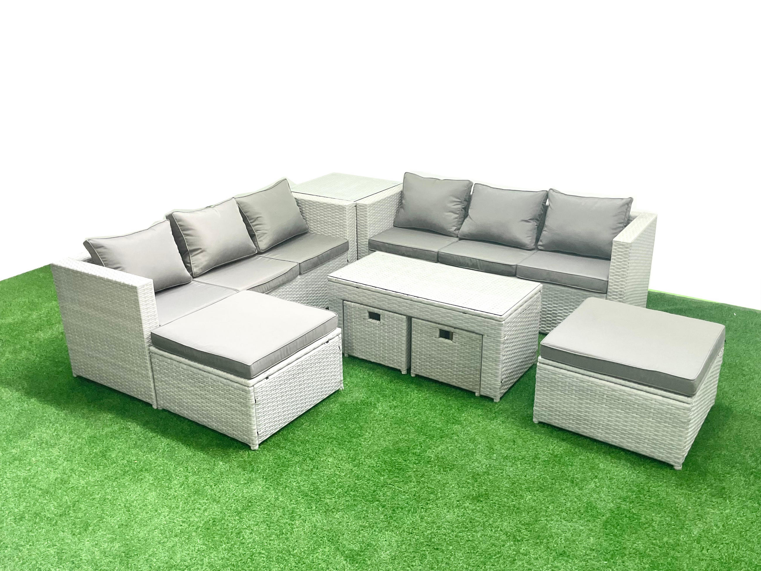 BALKONMÖBEL-SET Polyrattan Hellgrau-Mix 10-teilig - Hellgrau/Grau, Glas/Kunststoff - Fimous