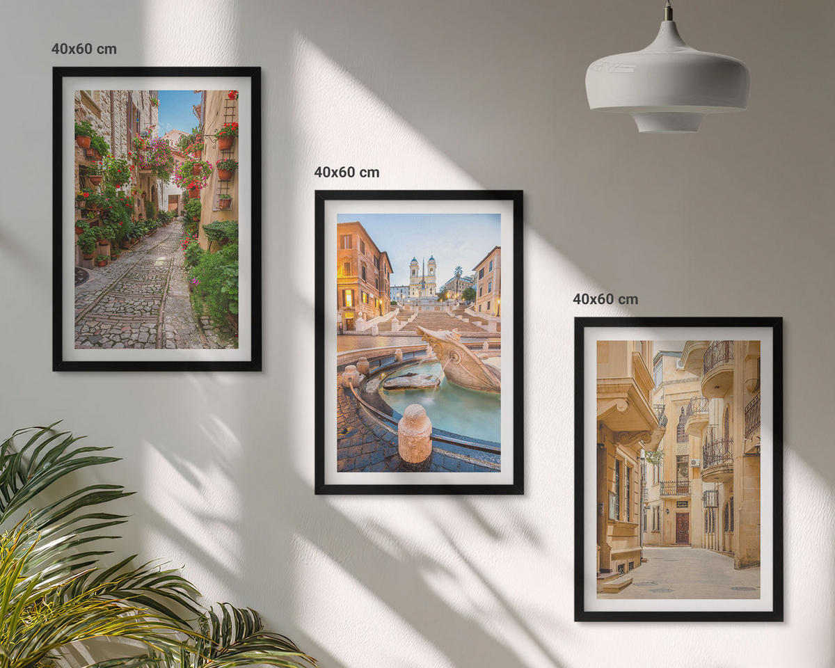 BILDER SET 3er Set - 40x60 cm Schwarzer Rahmen - Die bezaubernden Straßen des Brunnens - Schwarz, Kunststoff (40/60cm) - TULUP