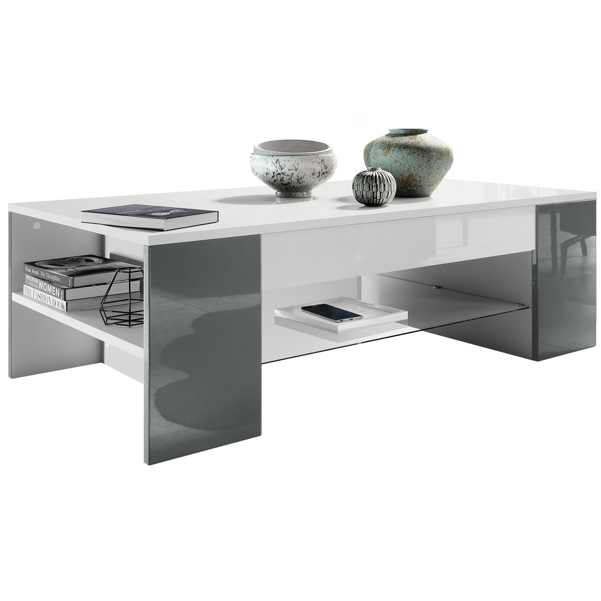 COUCHTISCH Clip Blenden in Grau Hochglanz - Grau, Holzwerkstoff (60/118/37cm) - Vladon