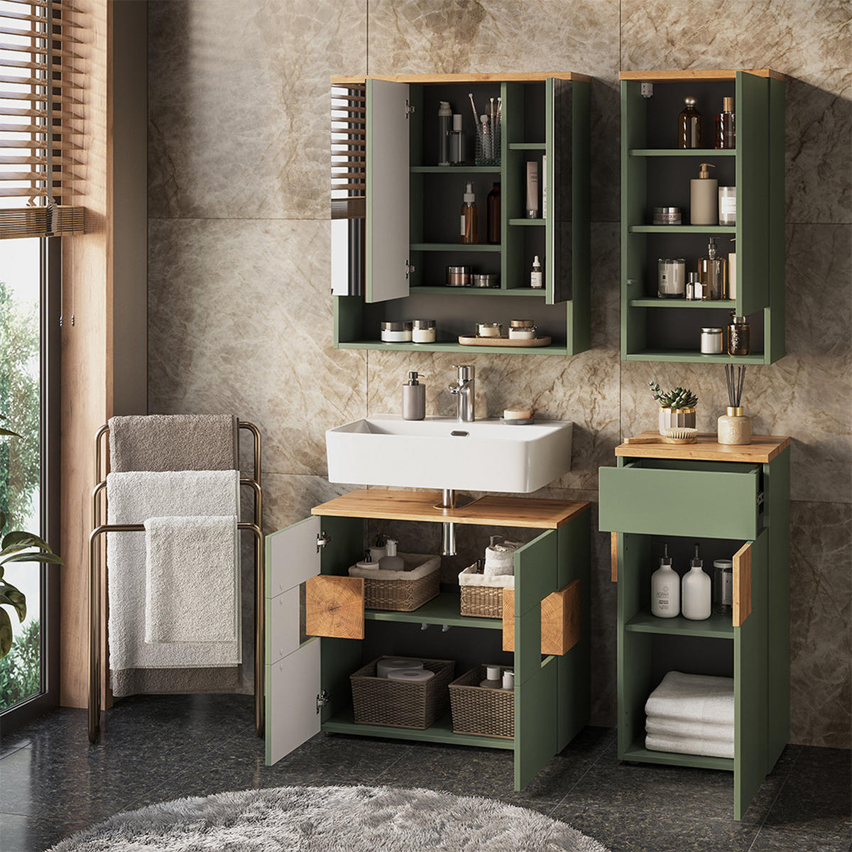 BADMÖBEL-SET Eden Grün/Artisan 4 Teile - Hellgrau/Grün, Holzwerkstoff (76/64/37cm) - Vicco