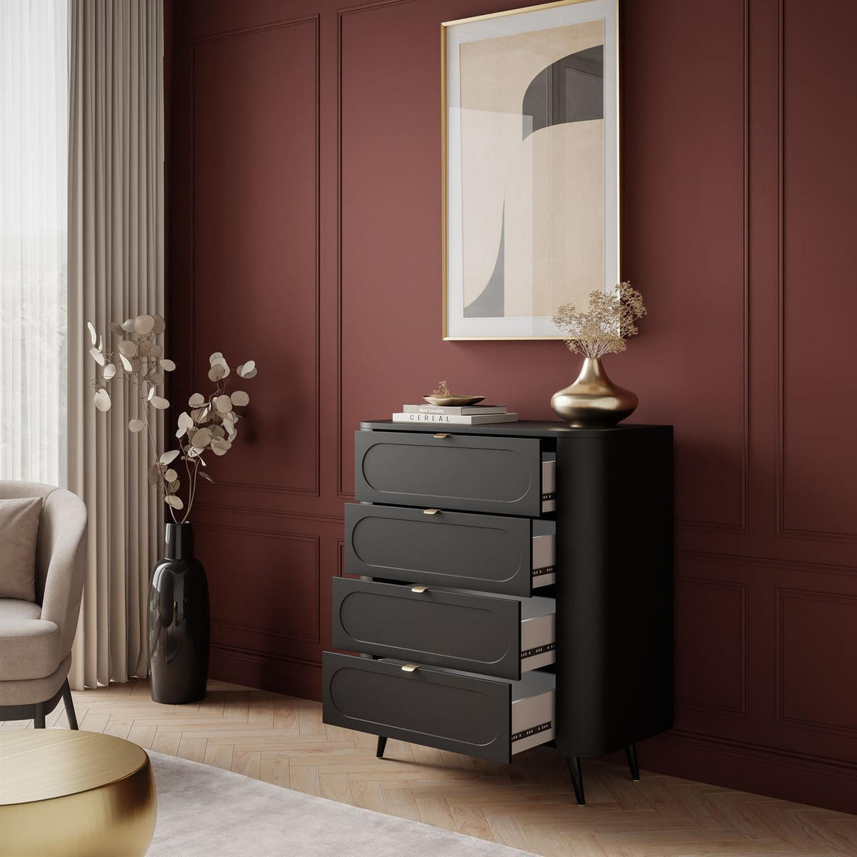 KOMMODE SHADOW II 4S mit Schubladen - Schwarz, Holzwerkstoff (78/91/40cm) - Lookway
