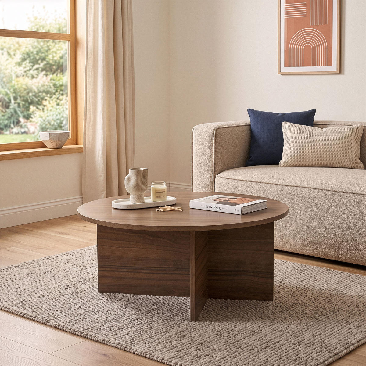 COUCHTISCH mit abgerundeter Platte - soleil 90/90/40 cm - Naturfarben, Holzwerkstoff (95/90/40cm) - Calicosy